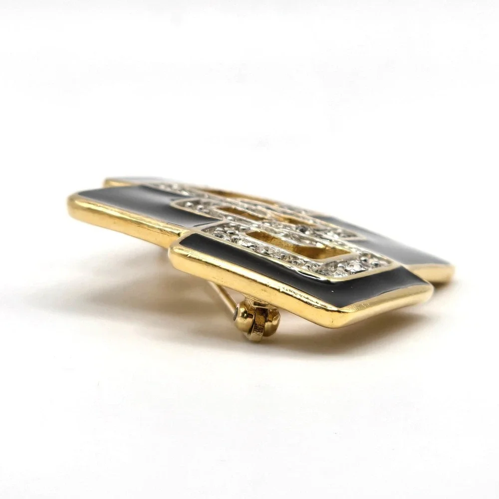 Trifari Vintage Brooch Gold Tone Black Enamel Rhinestone Geometric Pin Art Deco‎